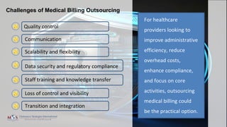 Challenges of Medical Billing Outsourcing
Quality control
Communication
Scalability and flexibility
Data security and regulatory compliance
Staff training and knowledge transfer
Transition and integration
Loss of control and visibility
For healthcare
providers looking to
improve administrative
efficiency, reduce
overhead costs,
enhance compliance,
and focus on core
activities, outsourcing
medical billing could
be the practical option.
 