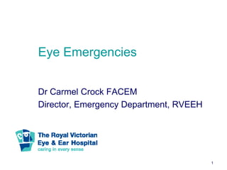 Eye Emergencies


Dr Carmel Crock FACEM
Director, Emergency Department, RVEEH




                                        1
 