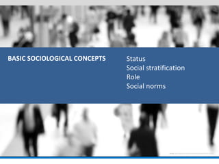 BASIC SOCIOLOGICAL CONCEPTS 
Status 
Social stratification 
Role 
Social norms  