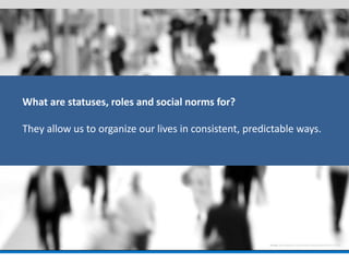 What are statuses, roles and social norms for? They allow us to organize our lives in consistent, predictable ways.  