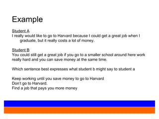 Example    Student A I really would like to go to Harvard because I could get a great job when I graduate, but it really costs a lot of money.   Student B You could still get a great job if you go to a smaller school around here work really hard and you can save money at the same time.   Which sentence best expresses what student b might say to student a   Keep working until you save money to go to Harvard Don’t go to Harvard. Find a job that pays you more money   