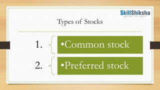 Types of Stocks
1. •Common stock
2. •Preferred stock
 