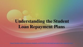 Understanding the Student
Loan Repayment Plans
https://studentloanfinancialanalysis.blogspot.com/2019/10/understanding-student-loan-repayment.html
 