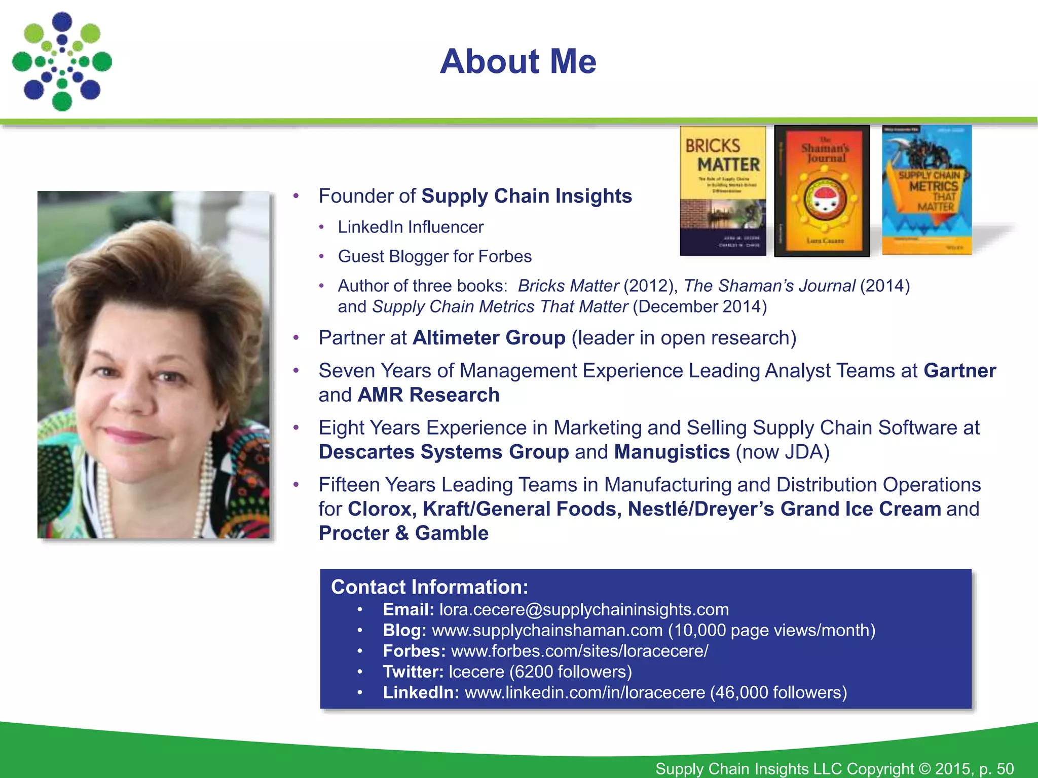 Supply Chain Insights LLC Copyright © 2015, p. 50
About Me
• Founder of Supply Chain Insights
• LinkedIn Influencer
• Guest Blogger for Forbes
• Author of three books: Bricks Matter (2012), The Shaman’s Journal (2014)
and Supply Chain Metrics That Matter (December 2014)
• Partner at Altimeter Group (leader in open research)
• Seven Years of Management Experience Leading Analyst Teams at Gartner
and AMR Research
• Eight Years Experience in Marketing and Selling Supply Chain Software at
Descartes Systems Group and Manugistics (now JDA)
• Fifteen Years Leading Teams in Manufacturing and Distribution Operations
for Clorox, Kraft/General Foods, Nestlé/Dreyer’s Grand Ice Cream and
Procter & Gamble
Contact Information:
• Email: lora.cecere@supplychaininsights.com
• Blog: www.supplychainshaman.com (10,000 page views/month)
• Forbes: www.forbes.com/sites/loracecere/
• Twitter: lcecere (6200 followers)
• LinkedIn: www.linkedin.com/in/loracecere (46,000 followers)
 
