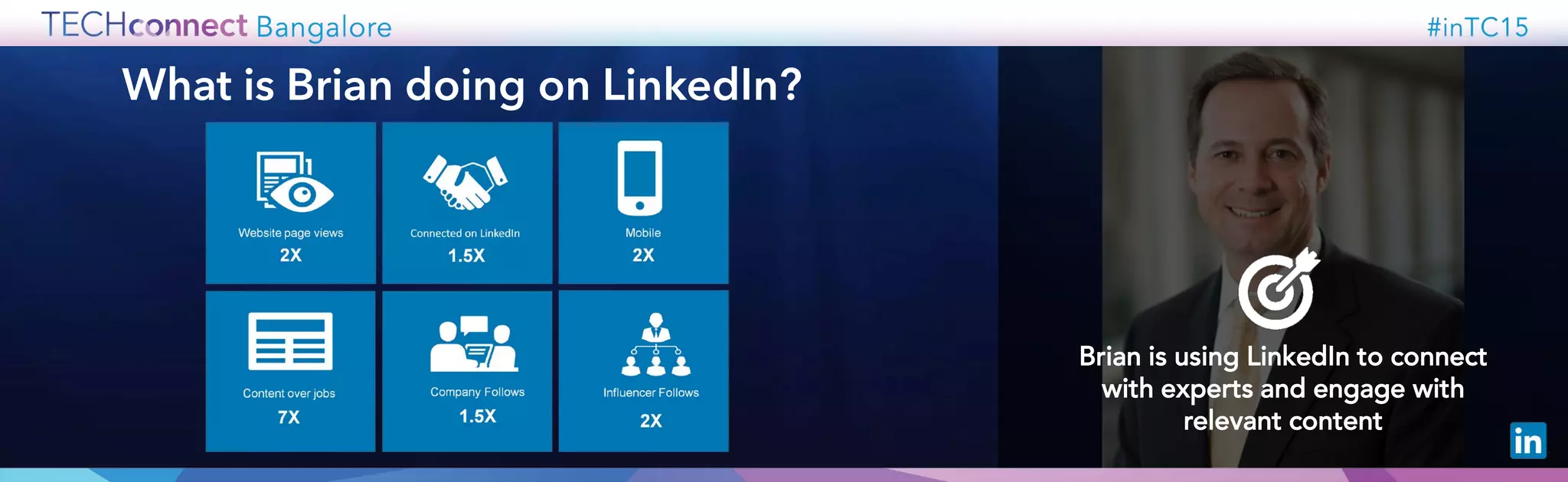 What is Brian doing on LinkedIn?
Brian is using LinkedIn to connect
with experts and engage with
relevant content
 