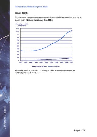 The Teen Brain: What's Going On In There?
                                                 Dealing with the decase of anxiety
                    Sexual Health                               David Blackburn, Corporate Edge
                    Frighteningly, the prevalence of sexually transmitted infections has shot up in
                    recent years (National Statistics on - line, 2004).




                    As can be seen from Chart 2, chlamydia rates are now above one per
                    hundred girls aged 16-19.
Conference Papers




                                                                                          Page 8Page 1 of 8
                                                                                                of 38
 