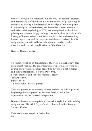Understanding the theoretical foundations, influential theorists,
and demarcation of the three major movements of psychology is
essential to having a fundamental knowledge of the discipline.
Psychoanalysis; behaviorism; and humanistic, transpersonal,
and existential psychology (HTE) are recognized as the three
primary movements of psychology. As such, they provide a rich
history of human science and form the basis for understanding
human experience and the human condition as a whole. In this
assignment, you will address this history, synthesize the
theories, and consider applications of the theories.
General Requirements:
To foster retention of foundational theories in psychology, this
assignment requires the incorporation of information from this
course and previous courses regarding psychological theories
and their applications. Refer to PSY-802,
Psychoanalysis and Psychodynamic Theory
and PSY-803,
Behaviorism
to assist with this assignment.
This assignment uses a rubric. Please review the rubric prior to
beginning the assignment to become familiar with the
expectations for successful completion.
Doctoral learners are required to use APA style for their writing
assignments. The APA Style Guide is located in the Student
Success Center.
This assignment requires that at least
ten
 