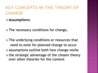  Assumptions:
 The necessary conditions for change,
 The underlying conditions or resources that
need to exist for plan...