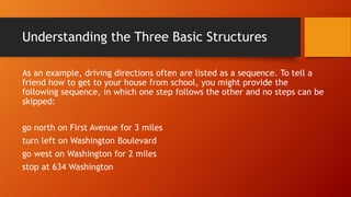 Understanding the Three Basic Structures
As an example, driving directions often are listed as a sequence. To tell a
friend how to get to your house from school, you might provide the
following sequence, in which one step follows the other and no steps can be
skipped:
go north on First Avenue for 3 miles
turn left on Washington Boulevard
go west on Washington for 2 miles
stop at 634 Washington
 