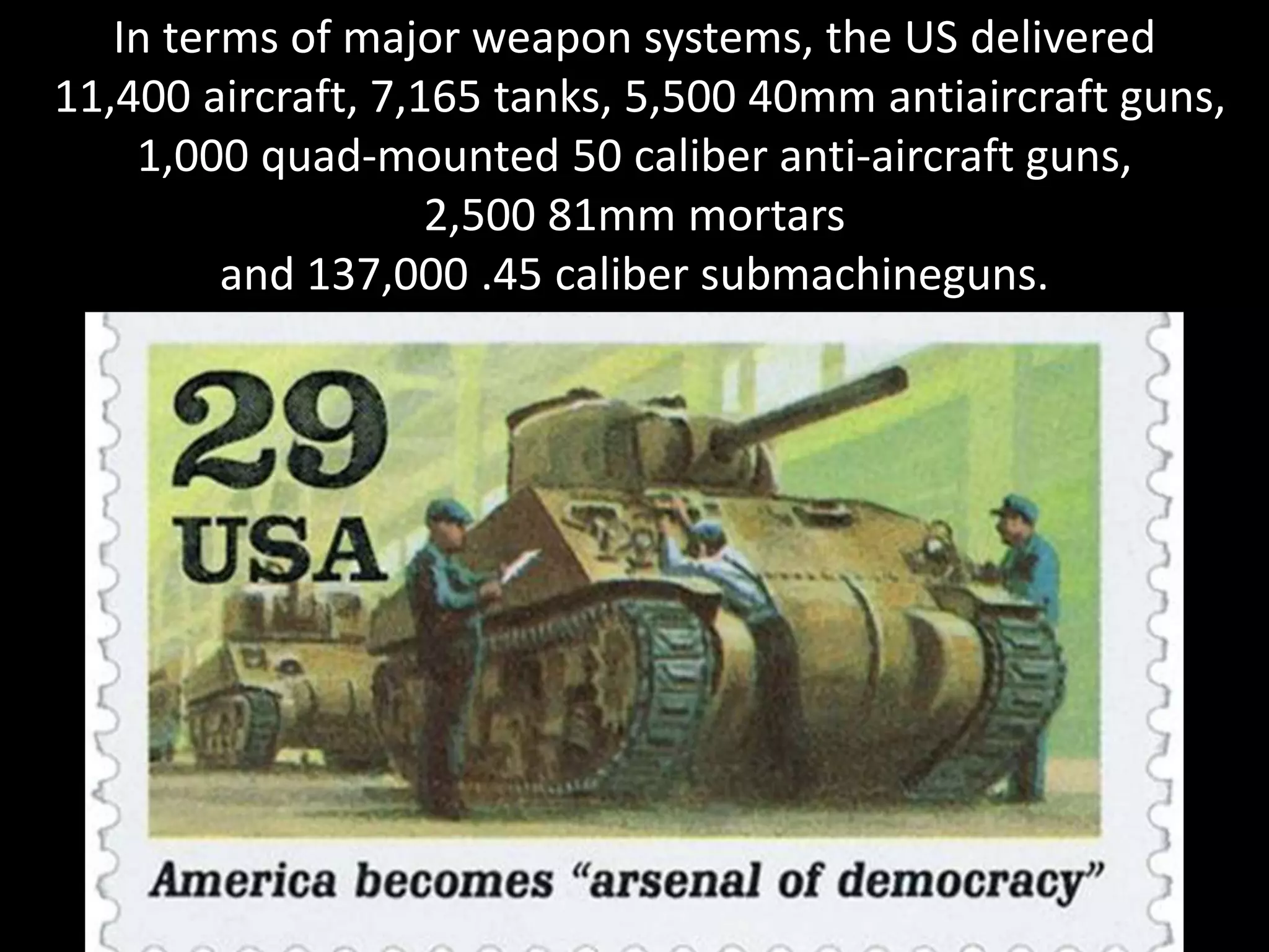 In terms of major weapon systems, the US delivered
11,400 aircraft, 7,165 tanks, 5,500 40mm antiaircraft guns,
1,000 quad-mounted 50 caliber anti-aircraft guns,
2,500 81mm mortars
and 137,000 .45 caliber submachineguns.
 