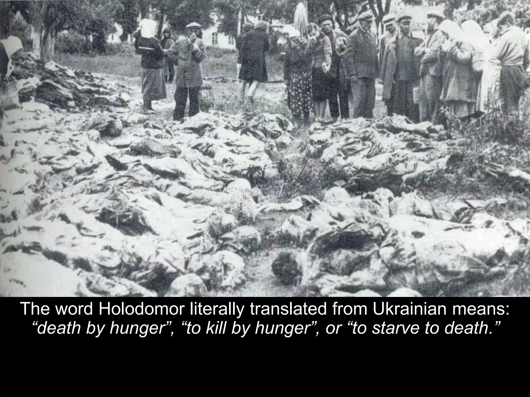 The word Holodomor literally translated from Ukrainian means:
“death by hunger”, “to kill by hunger”, or “to starve to death.”
 