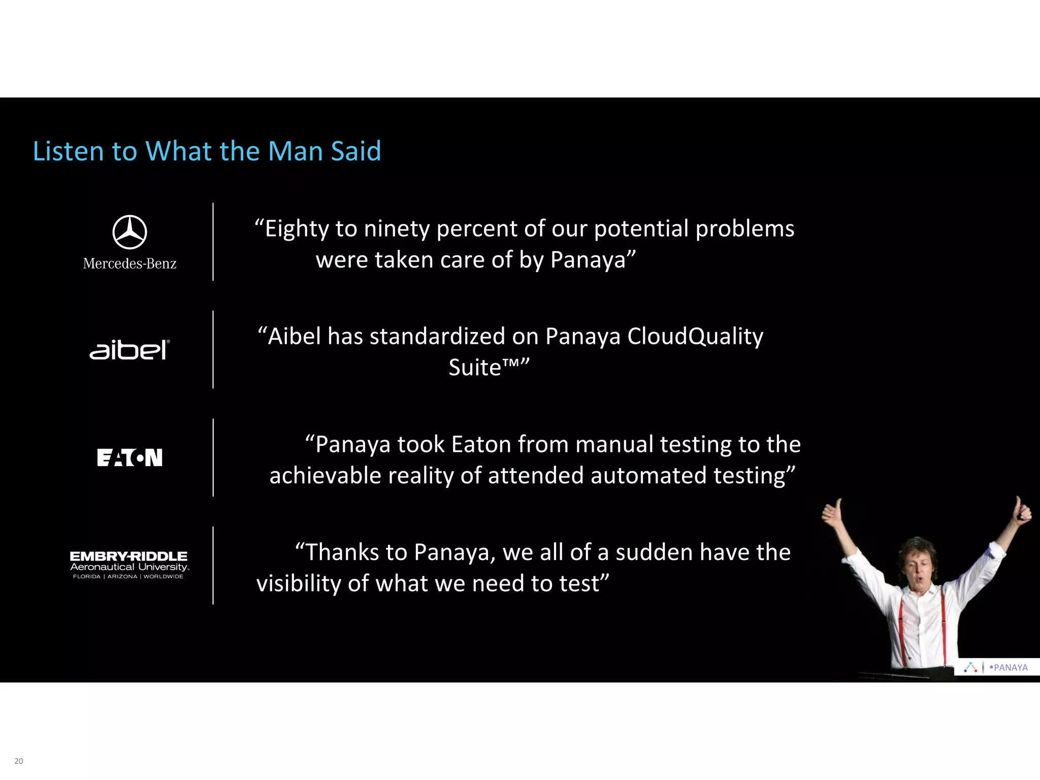 20
Listen to What the Man Said
“Eighty to ninety percent of our potential problems
were taken care of by Panaya” Mercedes-Benz
“Aibel has standardized on Panaya CloudQuality
Suite™” Aibel
“Panaya took Eaton from manual testing to the
achievable reality of attended automated testing” Eaton
“Thanks to Panaya, we all of a sudden have the
visibility of what we need to test” Embry-Riddle Aeronautical University
•PANAYA
 