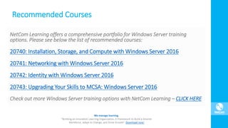 Recommended Courses
NetCom Learning offers a comprehensive portfolio for Windows Server training
options. Please see below the list of recommended courses:
20740: Installation, Storage, and Compute with Windows Server 2016
20741: Networking with Windows Server 2016
20742: Identity with Windows Server 2016
20743: Upgrading Your Skills to MCSA: Windows Server 2016
Check out more Windows Server training options with NetCom Learning – CLICK HERE
 