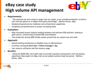eBay case study
    High volume API management
•   Requirements:
     –   “The solutions we were using no longer met our needs, so we considered whether to build a
         new internal system or to adopt third-party technology”, Abhinav Kumar, eBay
     –   Needed enhanced service mediation and orchestration capabilities
     –   Scalability and performance to sustain increasing loads
•   Evaluation:
     –   eBay evaluated several industry leading hardware and software ESB solutions, looking at
         open source, commercially licensed ESBs and hardware
     –   Test production during 2009 holiday season proved that our system was rock solid
•   Approach:
     –   Shared-nothing architecture on RedHat Linux on x86 hardware
     –   Currently running at more than 1 billion messages / day
     –   Low resource utilization and flat memory usage
•   Benefits:
     –   “Using the WSO2 ESB, we've been able to provide customers and partners with the quality
         experience they expect on eBay, even as our global customer base has grown,” Abhinav
         Kumar, eBay



                                                © 2012
 