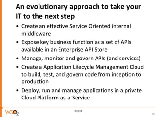 An evolutionary approach to take your
IT to the next step
• Create an effective Service Oriented internal
  middleware
• Expose key business function as a set of APIs
  available in an Enterprise API Store
• Manage, monitor and govern APIs (and services)
• Create a Application Lifecycle Management Cloud
  to build, test, and govern code from inception to
  production
• Deploy, run and manage applications in a private
  Cloud Platform-as-a-Service

                       © 2012
                                                      28
 