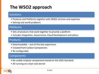 The WSO2 approach
Solutions
 • Products and Platforms together with WSO2 services and expertise
 • Solving real world problems
Platforms
 • Sets of products that work together to provide a platform
 • Includes Integration, Governance, Cloud Development and others
Products
 • Downloadable – out-of-the-box experience
 • Created from Carbon Components
 • Re-configurable
Components
 • Re-usable modular components based on the OSGi Standard
 • All running on a lean core kernel

                                   © 2012
                                                                      7
 
