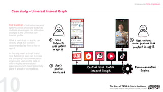 10
THE SHARING of infrastructure and
systems across products leads has
multiple advantages. An instructive
example is the universal user
interest profile.
What a user does in app A, can
directly affect the content
recommended to him or her in
app B,
In this way, even a small brand
new ByteDance app can leverage
the company’s recommendation
engine and user profile data to
offer a highly personalized
experience which could potentially
place it ahead of competitors.
Case study – Universal Interest Graph
https://www.amazon.com/gp/product/B08L1578B6?
Understanding TikTok & ByteDance
 