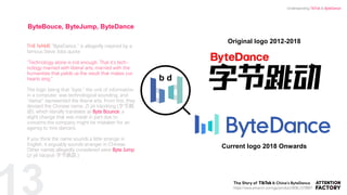 13
ByteBouce, ByteJump, ByteDance
THE NAME "ByteDance," is allegedly inspired by a
famous Steve Jobs quote:
"Technology alone is not enough. That it’s tech-
nology married with liberal arts, married with the
humanities that yields us the result that makes our
hearts sing."
The logic being that "byte," the unit of information
in a computer, was technological sounding, and
"dance" represented the liberal arts. From this, they
devised the Chinese name, Zì jié tiàodòng (字节跳
动), which literally translates as Byte Bounce, a
slight change that was made in part due to
concerns the company might be mistaken for an
agency to hire dancers.
If you think the name sounds a little strange in
English, it arguably sounds stranger in Chinese.
Other names allegedly considered were Byte Jump
(zì jié tiàoyuè 字节跳跃.)
Original logo 2012-2018
Current logo 2018 Onwards
https://www.amazon.com/gp/product/B08L1578B6?
b d
Understanding TikTok & ByteDance
 