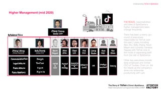 THE ROLES, responsibilities
and titles of ByteDance’s
higher management team
change frequently.
There has been a merry-go-
round of executives
responsible for TikTok over
the past 2 years including
Alex Zhu, Kelly Zhang, Kevin
Mayer and currently Vanessa
Pappas with TikTok now in
the midst of separating itself
from the rest of ByteDance.
Other key executives include
early employee and former
CEO of Toutiao, Chen Lin, Xie
Xin heads up the company’s
drive into enterprise
productivity with Lark.
Higher Management (mid 2020)
https://www.amazon.com/gp/product/B08L1578B6?
Understanding TikTok & ByteDance
 