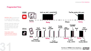 31
PEOPLE USE smartphones
in radically different ways
from desktops and laptops.
Mobile internet usage can
be typically split over 30-
40 shot sessions per day.
Sometimes less than 60
seconds.
How does video
entertainment work in
such an environment?
Fragmented Time
2005
2016
https://www.amazon.com/gp/product/B08L1578B6?
Understanding TikTok & ByteDance
 