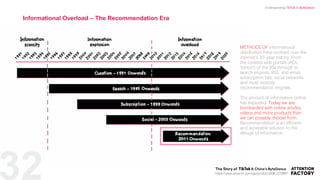 32
METHODS OF informational
distribution have evolved over the
internet’s 30-year history. From
the curated web portals (AOL,
Yahoo!) of the 90s through to
search engines, RSS, and email
subscription lists, social networks
and most recently
recommendation engines.
The amount of information online
has exploded. Today we are
bombarded with online articles,
videos and more products than
we can possibly choose from.
Recommendation is an efficient
and accessible solution to the
deluge of information.
Informational Overload – The Recommendation Era
https://www.amazon.com/gp/product/B08L1578B6?
Understanding TikTok & ByteDance
 