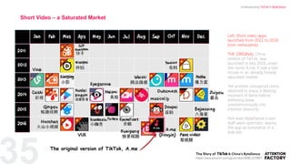 The original version of TikTok, A.me
35
Left: Short video apps
launched from 2011 to 2016
(non-exhaustive).
THE ORIGINAL China
version of TikTok, was
launched in late 2016 under
the name A.me. It was a late
mover in an already heavily
saturated market.
Yet another uninspired clone
destined to enjoy a fleeting
moment of fame before
withering away
unceremoniously into
internet obscurity.
Not even ByteDance’s own
staff were optimistic, seeing
the app as somewhat of a
side bet.
Short Video – a Saturated Market
https://www.amazon.com/gp/product/B08L1578B6?
Understanding TikTok & ByteDance
 