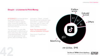 42
BYTEDANCE’S commercialization
teams had brainstormed a
multitude of ways to capture
value, converting eyeballs into
dollars and squeezing every last
cent out of Douyin.
The lion's share, roughly 80%,
was attributed to advertising but
there were many other sources.
"Extended businesses," included
revenues generated through
games, paid knowledge, and e-
commerce. "Others," includes
blue tick account verification fees
and "DOU+," a system through
which any user or creator can
pay the platform to boost a
video’s visibility.
Right: The estimated 2019
revenue breakdown of Douyin
Data source: EqualOcean
Analysis
Douyin – a License to Print Money
https://www.amazon.com/gp/product/B08L1578B6?
Understanding TikTok & ByteDance
 