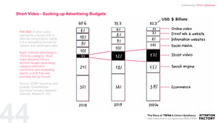 44
THE RISE of short video
represents a broad shift in
internet consumption habits.
It is a compelling format for
viewers and advertisers alike.
Right: Internet advertising in
China by category. Short
video became China’s
second-largest advertising
category behind e-
commerce and exceeding
search, a shift that was
primarily led by Douyin.
Source: SCMP reporting and
analysis, QuestMobile,
Qianzhan Industry Research
Institute, iResearch, IDC
Short Video - Sucking up Advertising Budgets
https://www.amazon.com/gp/product/B08L1578B6?
USD $ Billions
Understanding TikTok & ByteDance
 