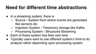 Need for different time abstractions
● In a streaming system, there is
○ Source - System from where events are generated
like sensors etc
○ Ingestion System - Temporary storage like Kafka
○ Processing System - Structured Streaming
● Each of these system has their own time
● Typically users want to use different system’s time to do
analysis rather depending upon processing system
 
