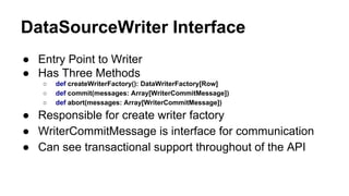 DataSourceWriter Interface
● Entry Point to Writer
● Has Three Methods
○ def createWriterFactory(): DataWriterFactory[Row]
○ def commit(messages: Array[WriterCommitMessage])
○ def abort(messages: Array[WriterCommitMessage])
● Responsible for create writer factory
● WriterCommitMessage is interface for communication
● Can see transactional support throughout of the API
 