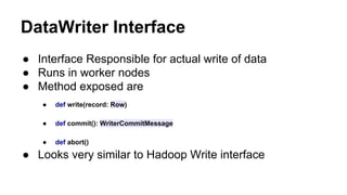 DataWriter Interface
● Interface Responsible for actual write of data
● Runs in worker nodes
● Method exposed are
● def write(record: Row)
● def commit(): WriterCommitMessage
● def abort()
● Looks very similar to Hadoop Write interface
 
