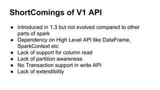 ShortComings of V1 API
● Introduced in 1.3 but not evolved compared to other
parts of spark
● Dependency on High Level API like DataFrame,
SparkContext etc
● Lack of support for column read
● Lack of partition awareness
● No Transaction support in write API
● Lack of extendibility
 