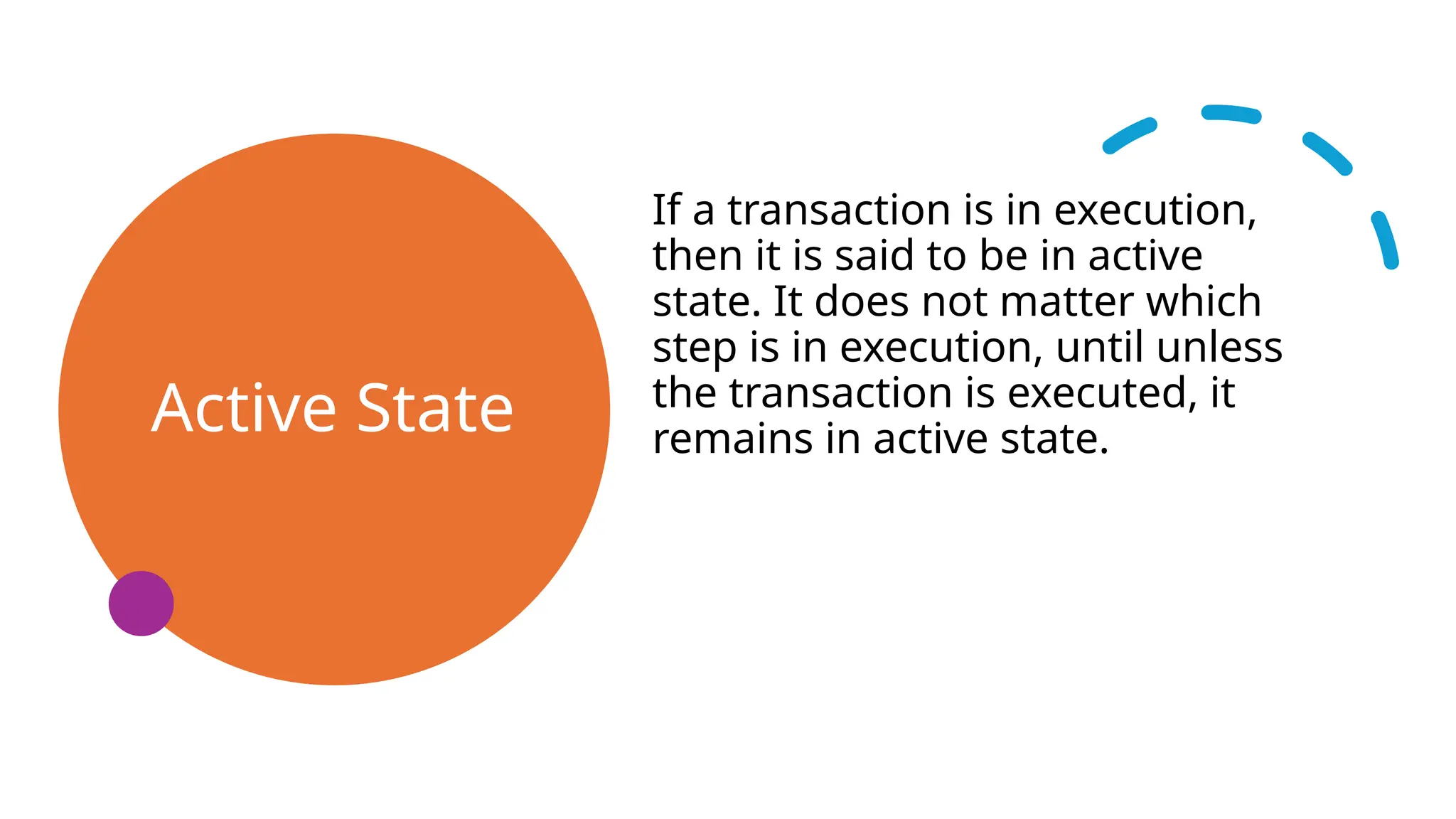 Active State
If a transaction is in execution,
then it is said to be in active
state. It does not matter which
step is in execution, until unless
the transaction is executed, it
remains in active state.
 
