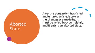 Aborted
State
After the transaction has failed
and entered a failed state, all
the changes are made by. It
must be rolled back completely,
and it enters an aborted state.
 