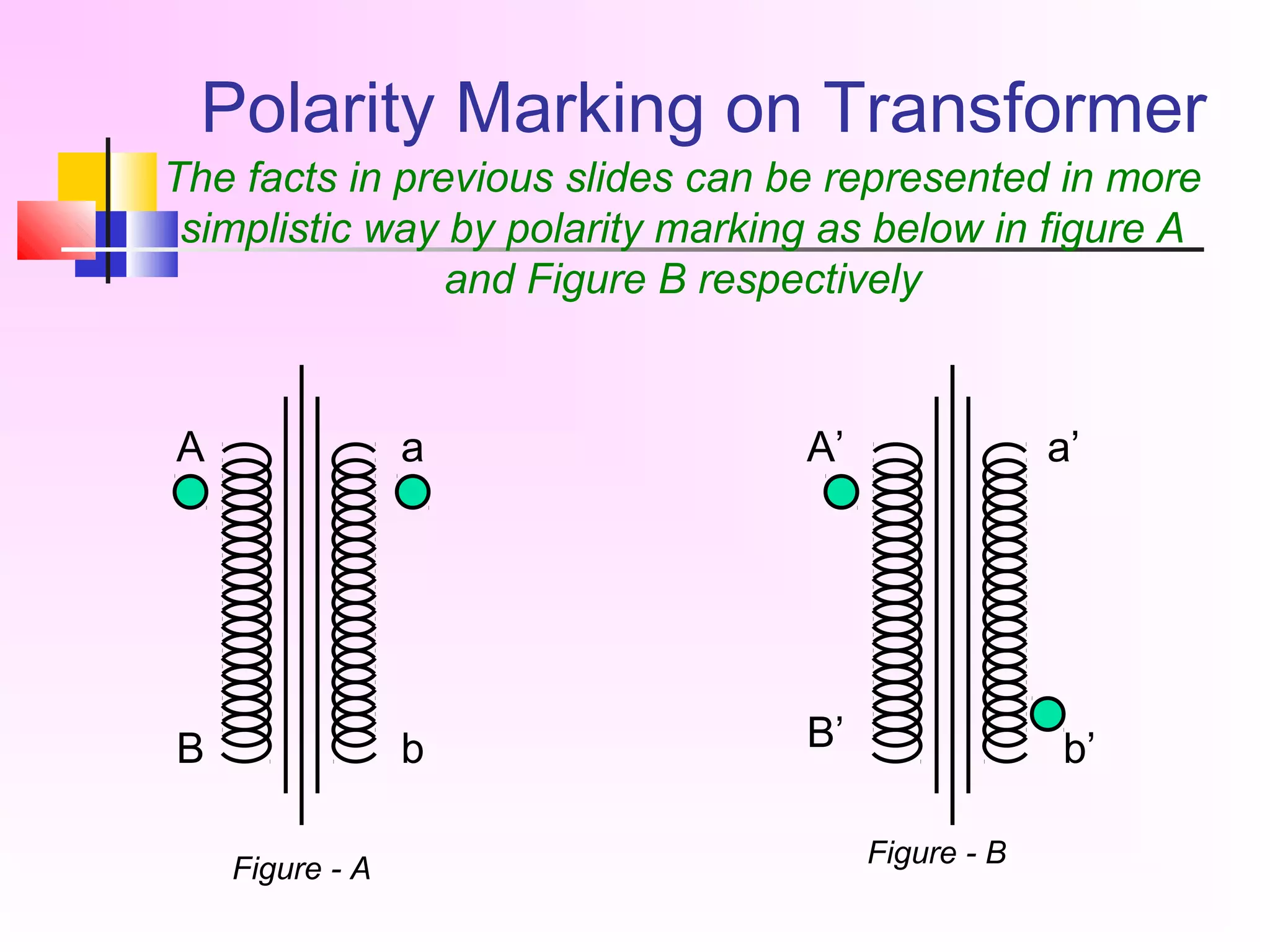Polarity Marking on Transformer
A
B
a
b
A’
B’
a’
b’
The facts in previous slides can be represented in more
simplistic way by polarity marking as below in figure A
and Figure B respectively
Figure - A
Figure - B
 
