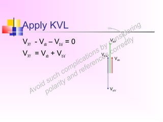 Avoid such complications by considering
polarity and references correctly
Apply KVL
VXY - Vab – Vb’a’ = 0
VXY = Vab + Vb’a’
Vab
Va’b’
Vb’a,’
VXY
w
 