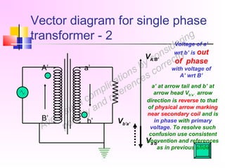Avoid such complications by considering
polarity and references correctly
Vector diagram for single phase
transformer - 2
VA’B’
Va’b’
A’
B’
a’
b’
Voltage of a’
wrt b’ is out
of phase
with voltage of
A’ wrt B’
Vb’a’
a’ at arrow tail and b’ at
arrow head Vb’a’ . arrow
direction is reverse to that
of physical arrow marking
near secondary coil and is
in phase with primary
voltage. To resolve such
confusion use consistent
convention and references
as in previous slide
 