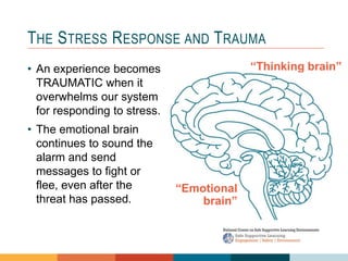 1 4
3
2
THE STRESS RESPONSE AND TRAUMA
• An experience becomes
TRAUMATIC when it
overwhelms our system
for responding to stress.
• The emotional brain
continues to sound the
alarm and send
messages to fight or
flee, even after the
threat has passed.
“Thinking brain”
“Emotional
brain”
 