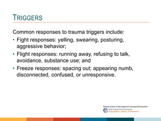 1 4
3
2
TRIGGERS
Common responses to trauma triggers include:
• Fight responses: yelling, swearing, posturing,
aggressive behavior;
• Flight responses: running away, refusing to talk,
avoidance, substance use; and
• Freeze responses: spacing out; appearing numb,
disconnected, confused, or unresponsive.
 