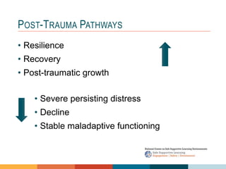 POST-TRAUMA PATHWAYS
• Resilience
• Recovery
• Post-traumatic growth
• Severe persisting distress
• Decline
• Stable maladaptive functioning
 