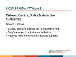 1 4
3
2
POST-TRAUMA PATHWAYS
Distress, Decline, Stable Maladaptive
Functioning
Severe Distress
• Severe, persisting distress after a traumatic event.
• Body’s attempts to adjust are not effective.
• Requires more intensive, individualized supports.
 