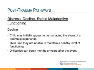 1 4
3
2
POST-TRAUMA PATHWAYS
Distress, Decline, Stable Maladaptive
Functioning
Decline
• Child may initially appear to be managing the strain of a
traumatic experience.
• Over time they are unable to maintain a healthy level of
functioning.
• Difficulties can begin months or years after the event.
 