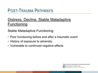1 4
3
2
POST-TRAUMA PATHWAYS
Distress, Decline, Stable Maladaptive
Functioning
Stable Maladaptive Functioning
• Poor functioning before and after a traumatic event
• History of exposure to adversity
• Vulnerable to continued negative effects
 