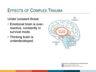 1
3
2
EFFECTS OF COMPLEX TRAUMA
Under constant threat:
• Emotional brain is over-
reactive, constantly in
survival mode.
• Thinking brain is
underdeveloped.
 