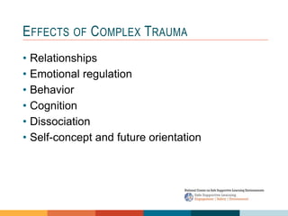 EFFECTS OF COMPLEX TRAUMA
• Relationships
• Emotional regulation
• Behavior
• Cognition
• Dissociation
• Self-concept and future orientation
 