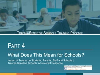 PART 4
What Does This Mean for Schools?
Impact of Trauma on Students, Parents, Staff and Schools |
Trauma-Sensitive Schools: A Universal Response
 