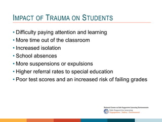 1 4
3
2
IMPACT OF TRAUMA ON STUDENTS
• Difficulty paying attention and learning
• More time out of the classroom
• Increased isolation
• School absences
• More suspensions or expulsions
• Higher referral rates to special education
• Poor test scores and an increased risk of failing grades
 