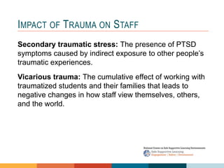 1 4
3
2
IMPACT OF TRAUMA ON STAFF
Secondary traumatic stress: The presence of PTSD
symptoms caused by indirect exposure to other people’s
traumatic experiences.
Vicarious trauma: The cumulative effect of working with
traumatized students and their families that leads to
negative changes in how staff view themselves, others,
and the world.
 