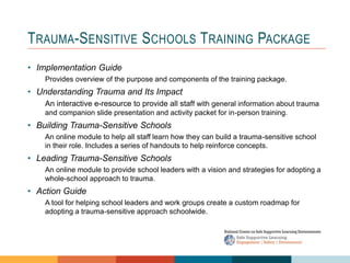TRAUMA-SENSITIVE SCHOOLS TRAINING PACKAGE
• Implementation Guide
Provides overview of the purpose and components of the training package.
• Understanding Trauma and Its Impact
An interactive e-resource to provide all staff with general information about trauma
and companion slide presentation and activity packet for in-person training.
• Building Trauma-Sensitive Schools
An online module to help all staff learn how they can build a trauma-sensitive school
in their role. Includes a series of handouts to help reinforce concepts.
• Leading Trauma-Sensitive Schools
An online module to provide school leaders with a vision and strategies for adopting a
whole-school approach to trauma.
• Action Guide
A tool for helping school leaders and work groups create a custom roadmap for
adopting a trauma-sensitive approach schoolwide.
 