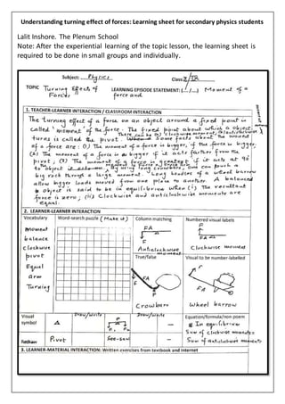 Understanding turning effect of forces: Learning sheet for secondary physics students
Lalit Inshore. The Plenum School
Note: After the experiential learning of the topic lesson, the learning sheet is
required to be done in small groups and individually.
 